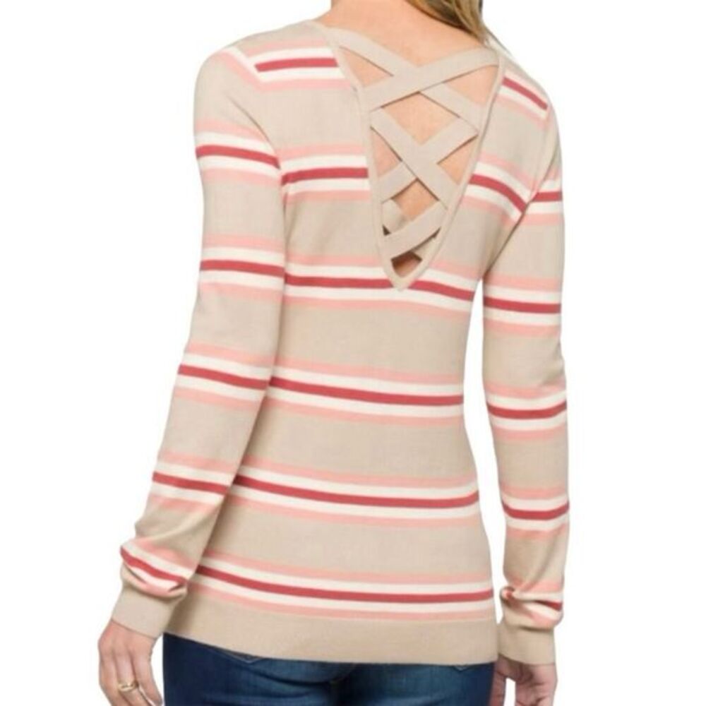 Stitch Fix LOVE ELLIE Mia Striped Tan Peach & Salmon Strappy Back Detail Sweater